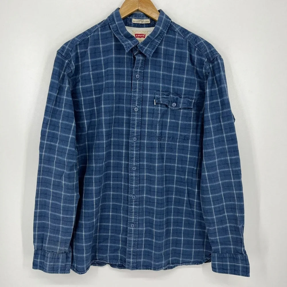 Levis Mens Blue Windowpane Plaid Button Down Shirt Standard Fit XL
